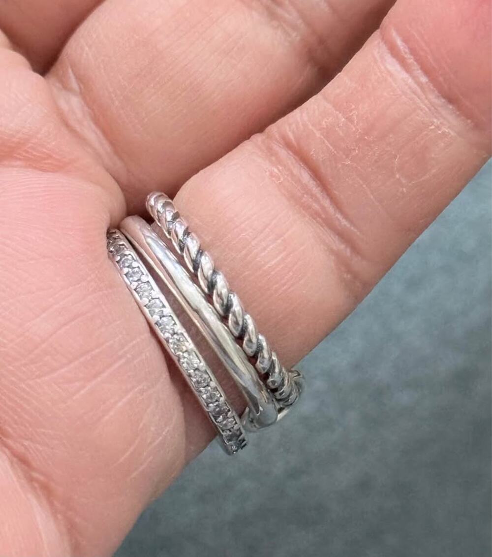 925 Sterling Silver Oxidized Triple Band Ring – CZ & Twisted Stack Design Size 6